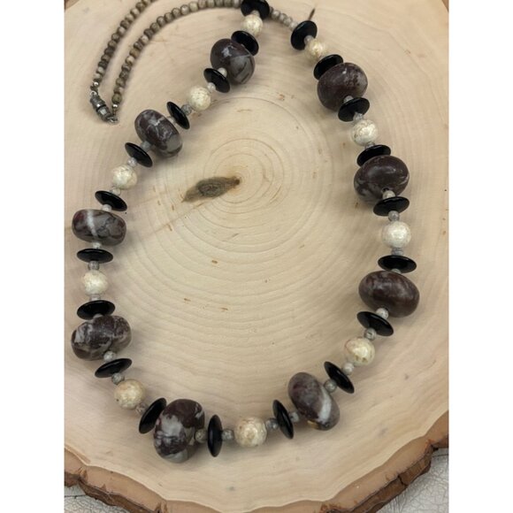Artisan Natural Stone Necklace Handcrafted Jasper, Fossil & Onyx Beads Statement - Picture 4 of 14
